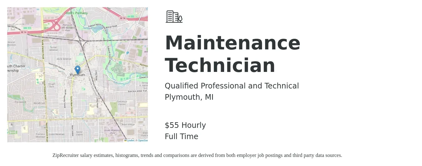 Qualified Professional and Technical job posting for a Maintenance Technician in Plymouth, MI with a salary of $58 Hourly with a map of Plymouth location.