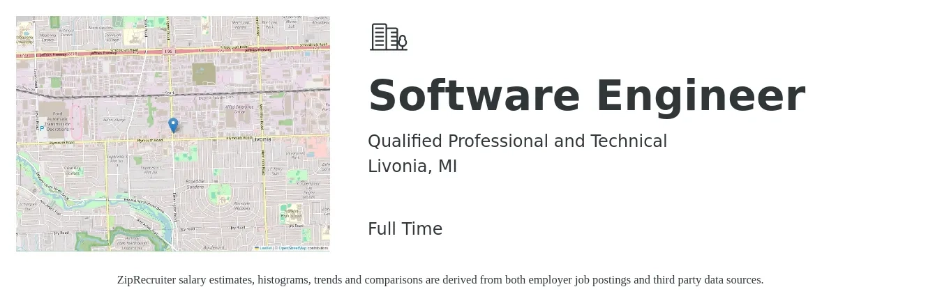 Qualified Professional and Technical job posting for a Software Engineer in Livonia, MI with a salary of $112,300 to $161,900 Yearly with a map of Livonia location.