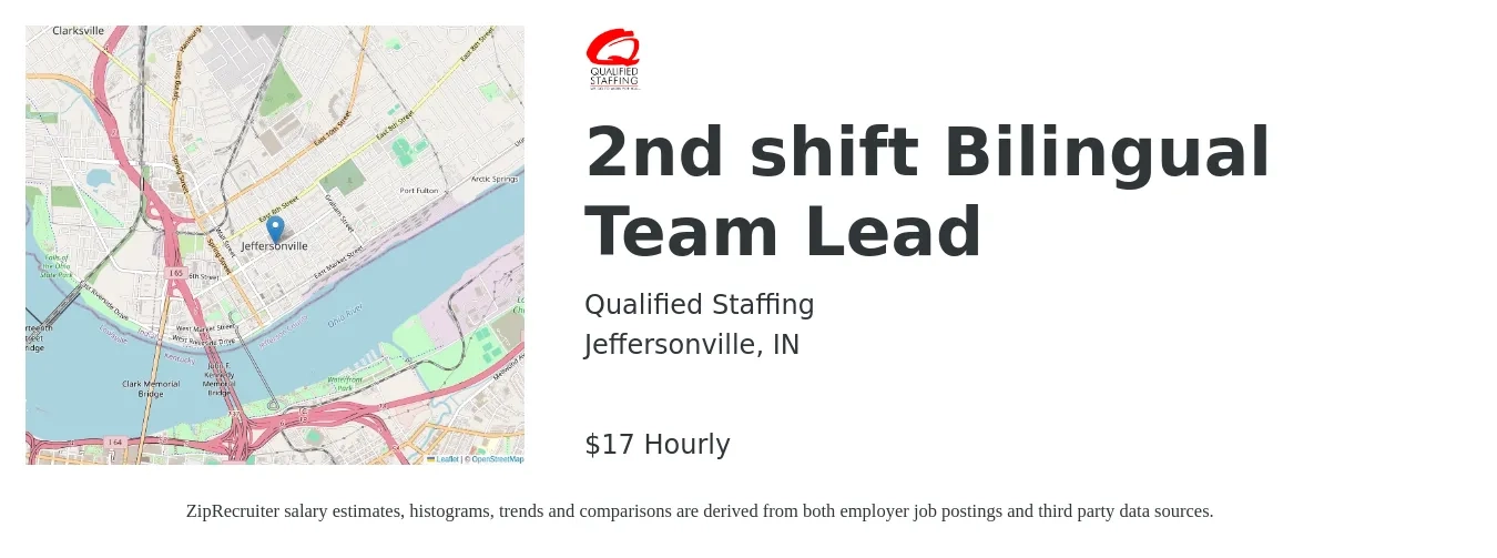 Qualified Staffing job posting for a 2nd shift Bilingual Team Lead in Jeffersonville, IN with a salary of $18 Hourly with a map of Jeffersonville location.