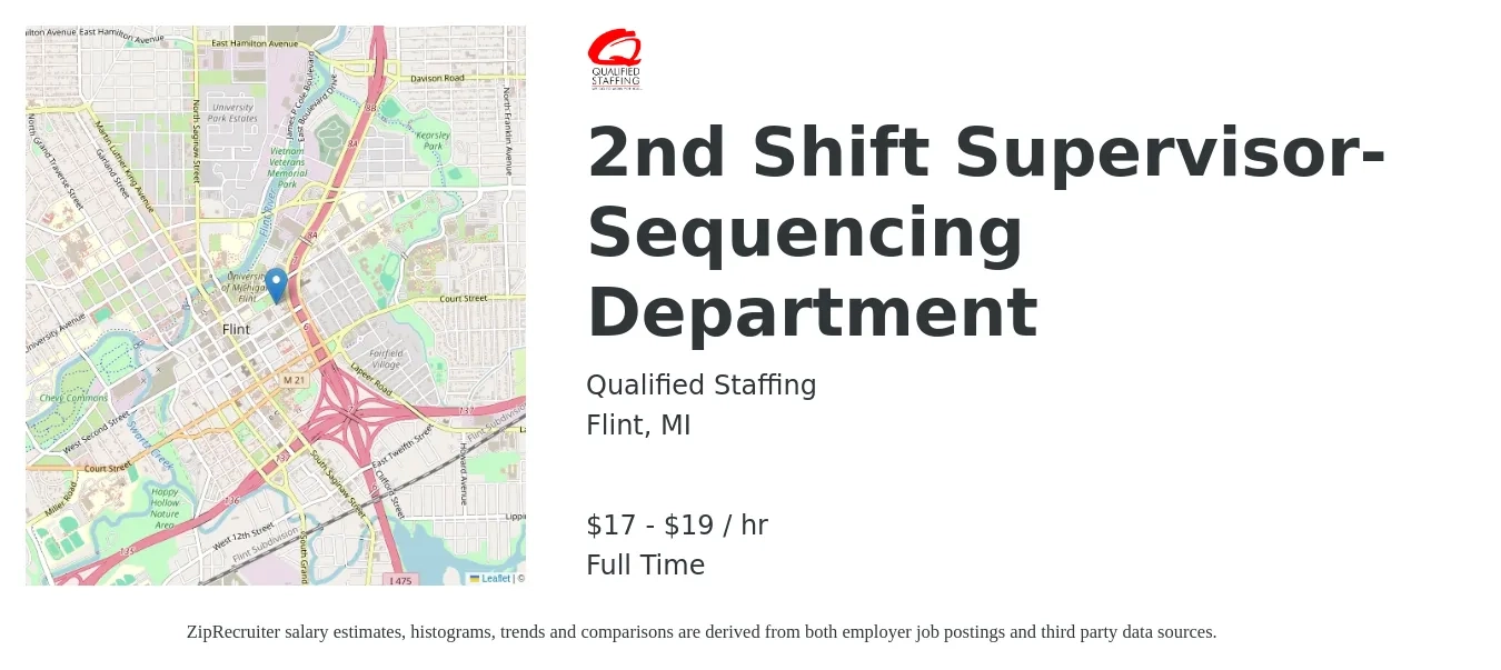 Qualified Staffing job posting for a 2nd Shift Supervisor-Sequencing Department in Flint, MI with a salary of $18 to $20 Hourly with a map of Flint location.