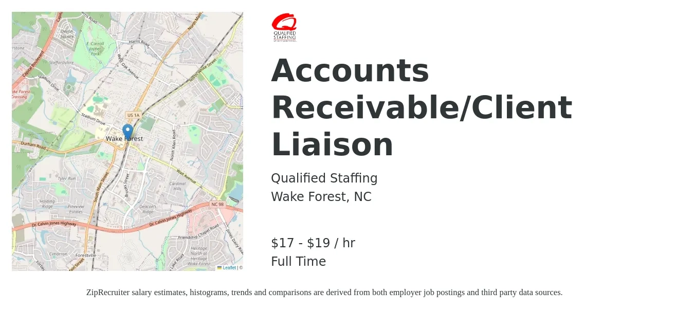 Qualified Staffing job posting for a Accounts Receivable/Client Liaison in Wake Forest, NC with a salary of $18 to $20 Hourly with a map of Wake Forest location.