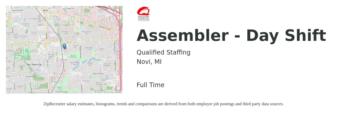Qualified Staffing job posting for a Assembler - Day Shift in Novi, MI with a salary of $16 to $19 Hourly with a map of Novi location.