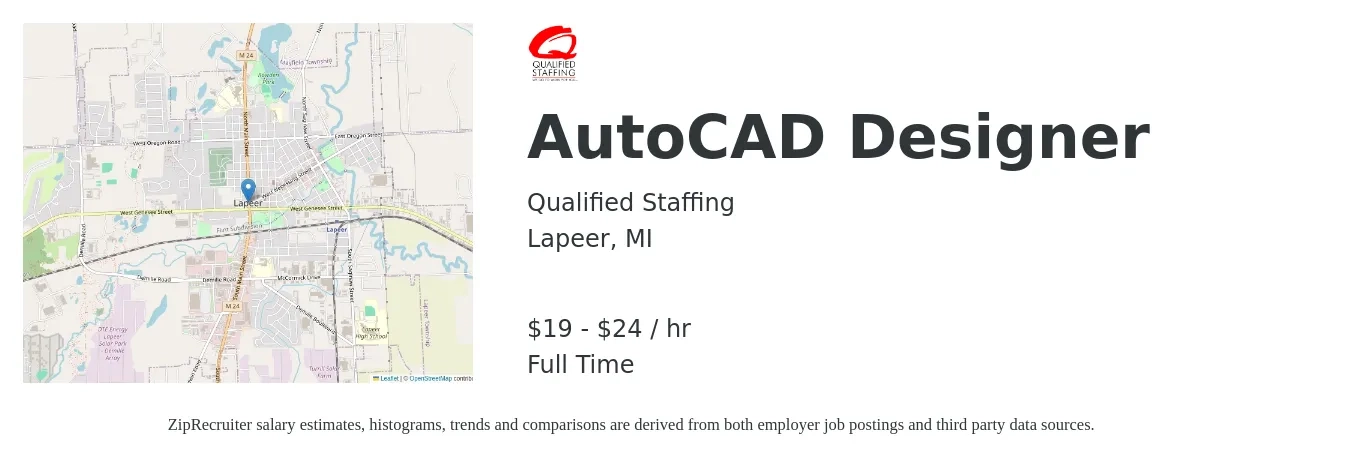Qualified Staffing job posting for a AutoCAD Designer in Lapeer, MI with a salary of $24 to $39 Hourly with a map of Lapeer location.