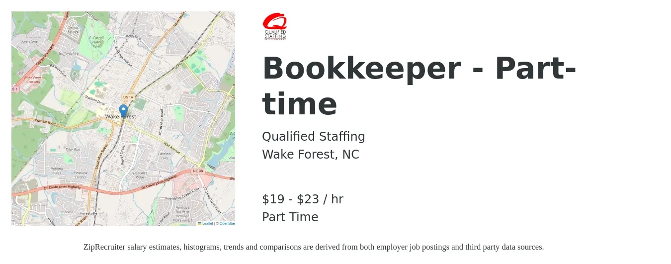 Qualified Staffing job posting for a Bookkeeper - Part-time in Wake Forest, NC with a salary of $20 to $24 Hourly with a map of Wake Forest location.