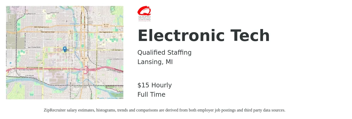Qualified Staffing job posting for a Electronic Tech in Lansing, MI with a salary of $16 Hourly with a map of Lansing location.