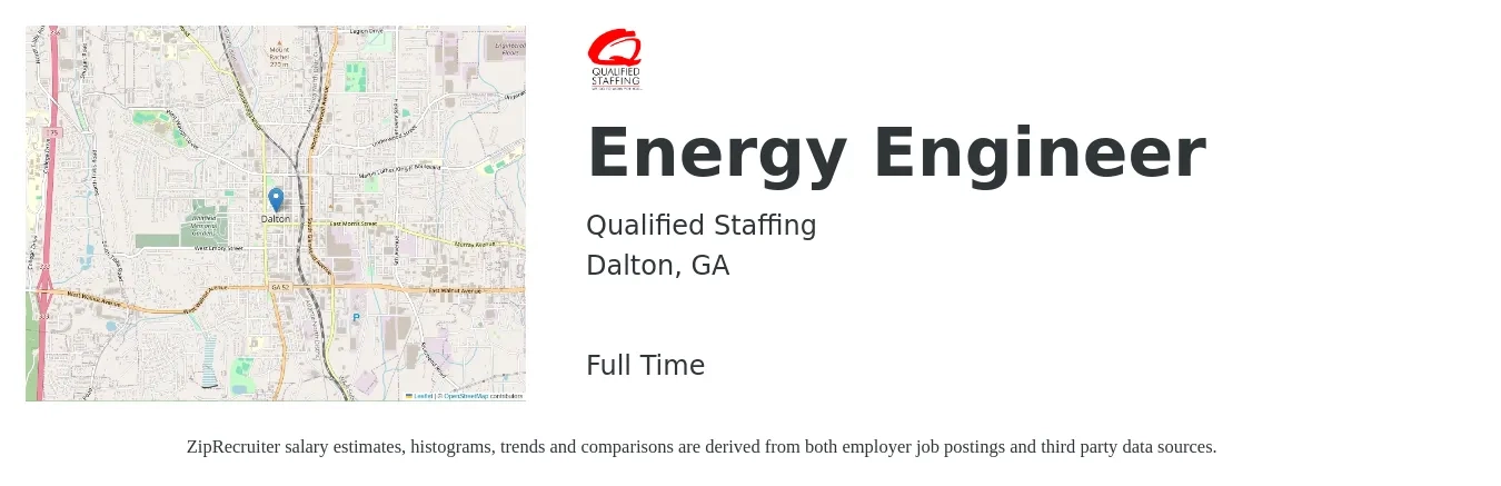 Qualified Staffing job posting for a Energy Engineer in Dalton, GA with a salary of $70,000 to $100,600 Yearly with a map of Dalton location.