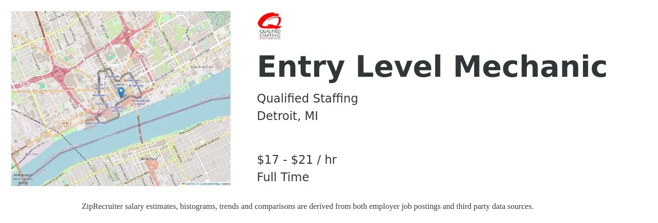Qualified Staffing job posting for a Entry Level Mechanic in Detroit, MI with a salary of $18 to $22 Hourly with a map of Detroit location.