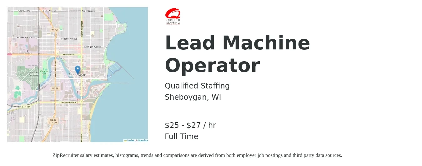 Qualified Staffing job posting for a Lead Machine Operator in Sheboygan, WI with a salary of $27 to $29 Hourly with a map of Sheboygan location.