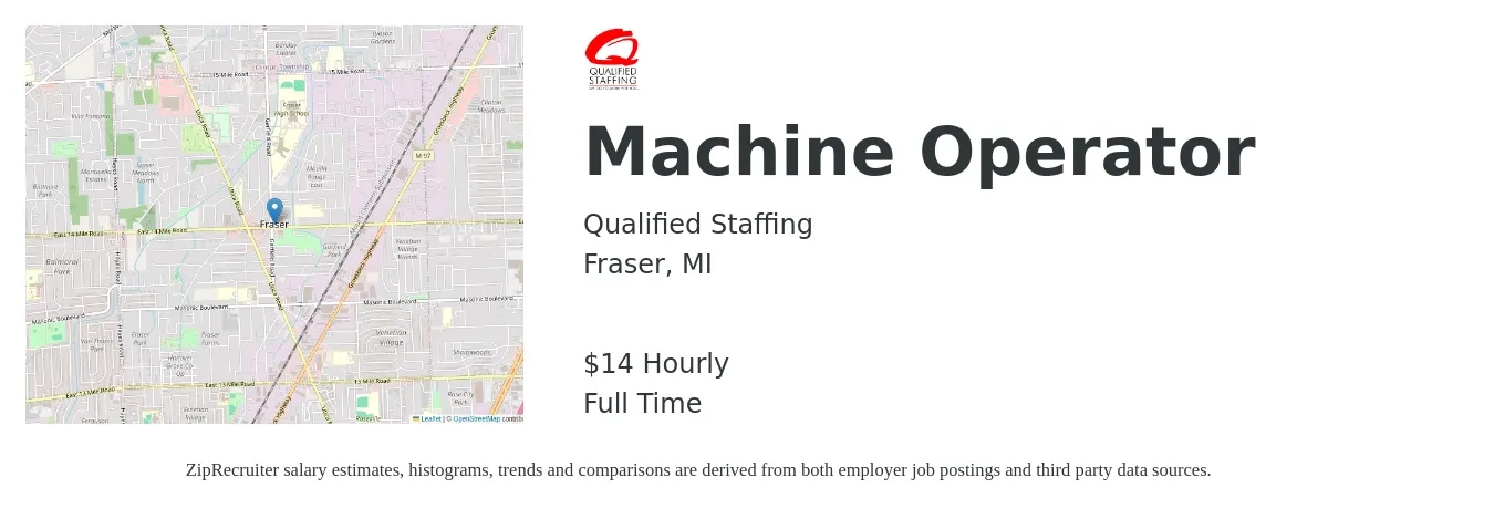 Qualified Staffing job posting for a Machine Operator in Fraser, MI with a salary of $16 Hourly with a map of Fraser location.