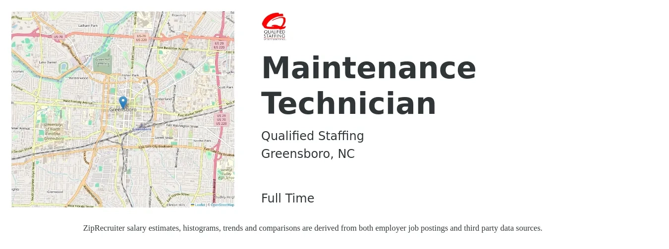 Qualified Staffing job posting for a Maintenance Technician in Greensboro, NC with a salary of $19 to $26 Hourly with a map of Greensboro location.