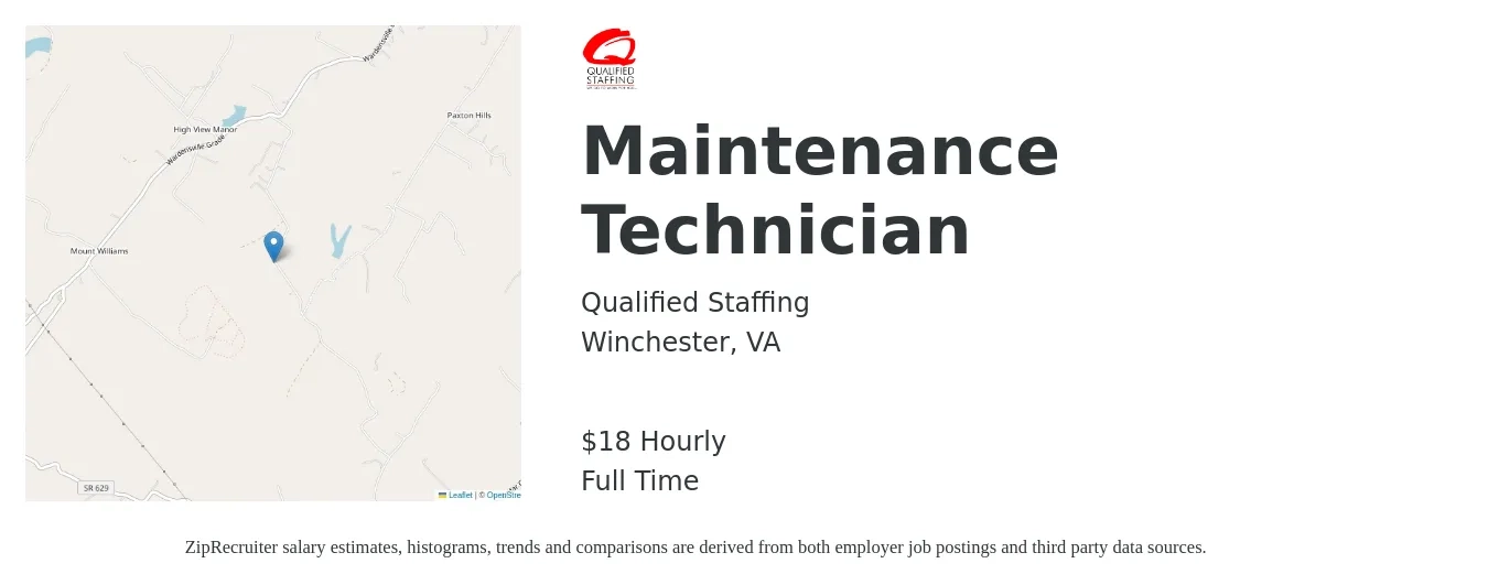 Qualified Staffing job posting for a Maintenance Technician in Winchester, VA with a salary of $20 Hourly with a map of Winchester location.