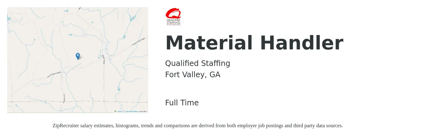 Qualified Staffing job posting for a Material Handler in Fort Valley, GA with a salary of $14 to $17 Hourly with a map of Fort Valley location.