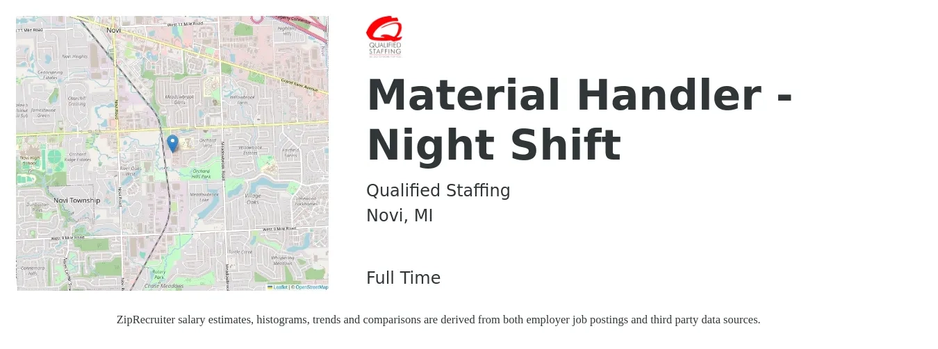 Qualified Staffing job posting for a Material Handler - Night Shift in Novi, MI with a salary of $16 to $19 Hourly with a map of Novi location.
