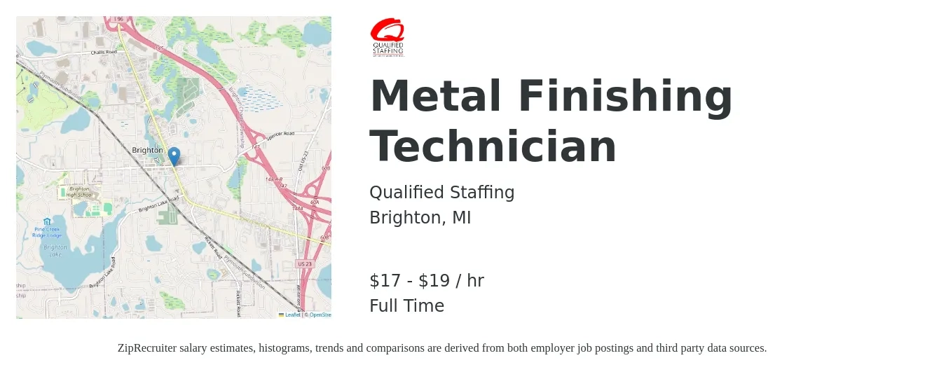 Qualified Staffing job posting for a Metal Finishing Technician in Brighton, MI with a salary of $18 to $20 Hourly with a map of Brighton location.