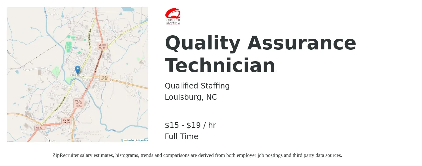 Qualified Staffing job posting for a Quality Assurance Technician in Louisburg, NC with a salary of $16 to $20 Hourly with a map of Louisburg location.
