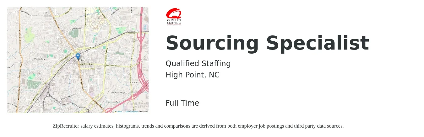 Qualified Staffing job posting for a Sourcing Specialist in High Point, NC with a salary of $23 to $36 Hourly with a map of High Point location.