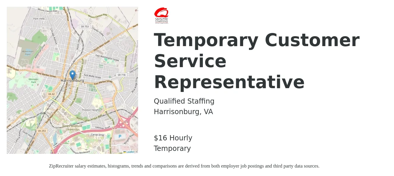 Qualified Staffing job posting for a Temporary Customer Service Representative in Harrisonburg, VA with a salary of $17 Hourly with a map of Harrisonburg location.