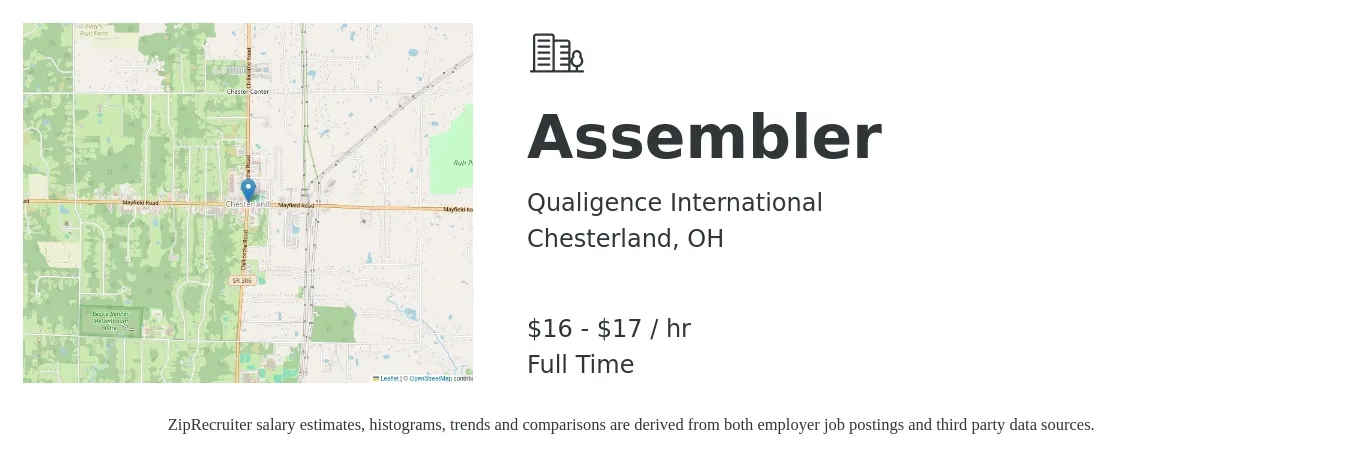 Qualigence International job posting for a Assembler in Chesterland, OH with a salary of $17 to $18 Hourly with a map of Chesterland location.