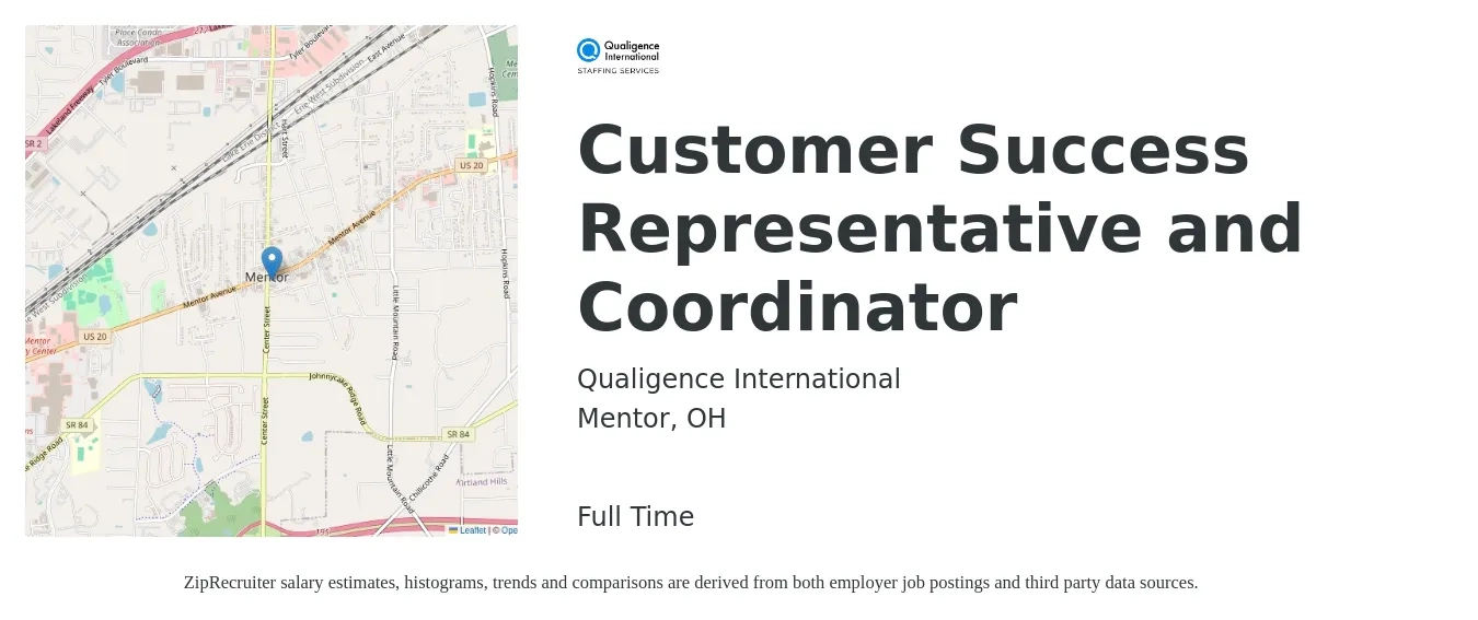Qualigence International job posting for a Customer Success Representative and Coordinator in Mentor, OH with a salary of $16 to $24 Hourly with a map of Mentor location.