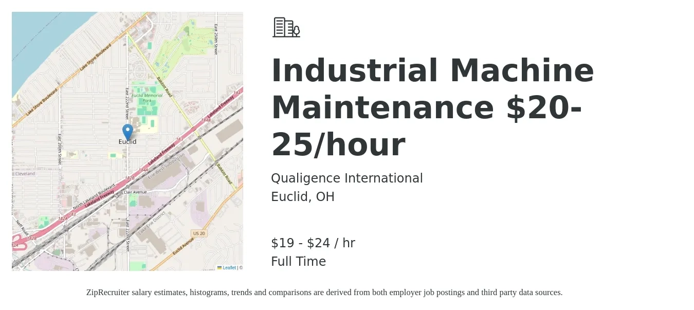 Qualigence International job posting for a Industrial Machine Maintenance $20-25/hour in Euclid, OH with a salary of $20 to $25 Hourly with a map of Euclid location.