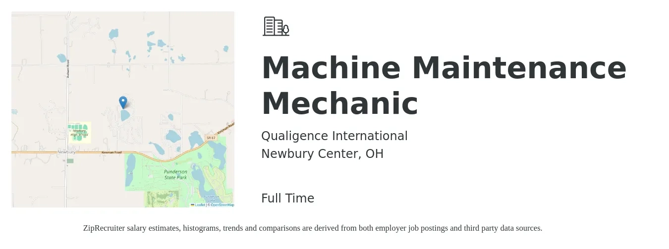 Qualigence International job posting for a Machine Maintenance Mechanic in Newbury Center, OH with a salary of $22 to $30 Hourly with a map of Newbury Center location.