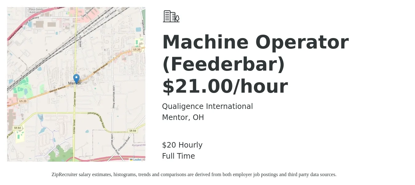 Qualigence International job posting for a Machine Operator (Feederbar) $21.00/hour in Mentor, OH with a salary of $21 Hourly with a map of Mentor location.