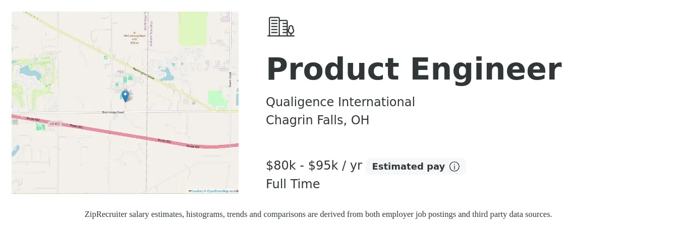 Qualigence International job posting for a Product Engineer in Chagrin Falls, OH with a salary of $80,000 to $95,000 Yearly with a map of Chagrin Falls location.