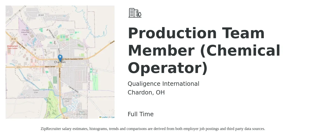 Qualigence International job posting for a Production Team Member (Chemical Operator) in Chardon, OH with a salary of $13 to $16 Hourly with a map of Chardon location.
