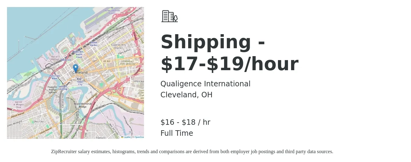 Qualigence International job posting for a Shipping - $17-$19/hour in Cleveland, OH with a salary of $17 to $19 Hourly with a map of Cleveland location.