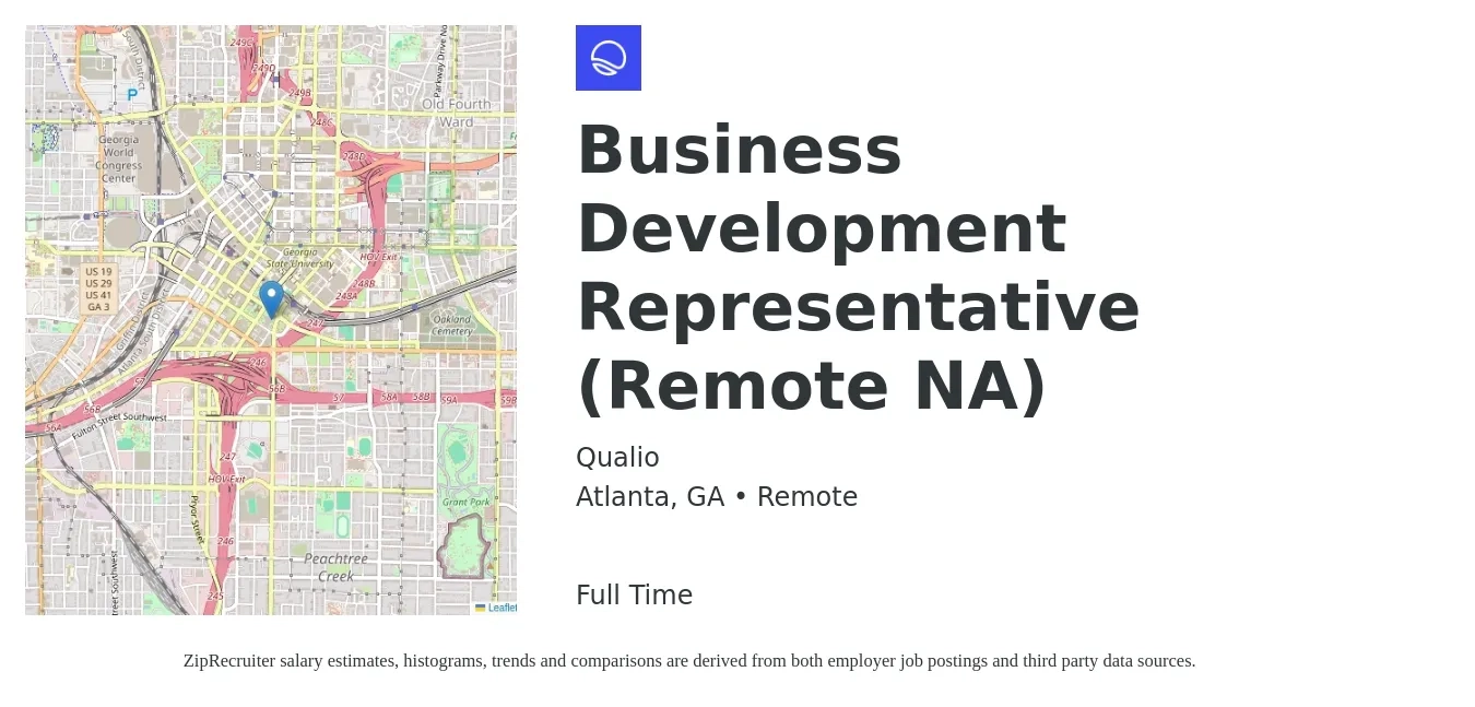 Qualio job posting for a Business Development Representative (Remote NA) in Atlanta, GA with a salary of $43,300 to $67,300 Yearly with a map of Atlanta location.
