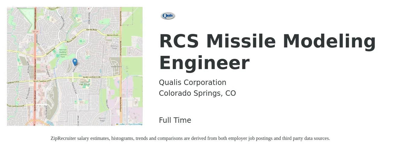 Qualis Corporation job posting for a RCS Missile Modeling Engineer in Colorado Springs, CO with a salary of $82,800 to $114,800 Yearly with a map of Colorado Springs location.