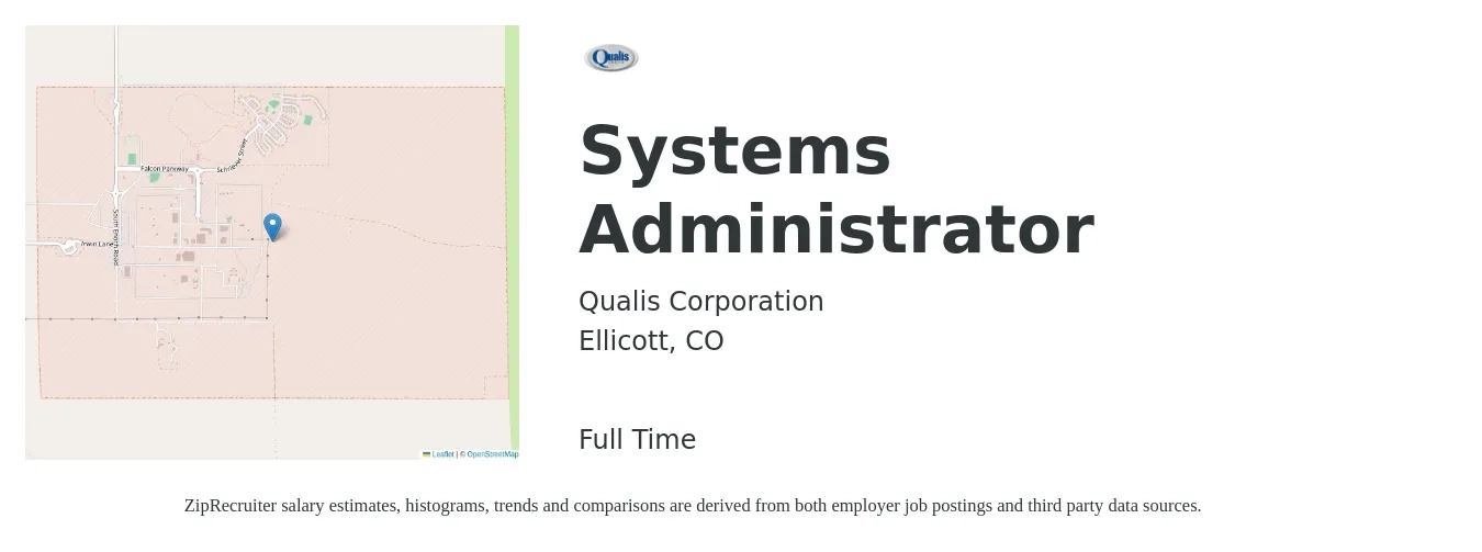 Qualis Corporation job posting for a Systems Administrator in Ellicott, CO with a salary of $65,200 to $96,800 Yearly with a map of Ellicott location.
