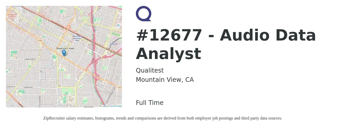 Qualitest job posting for a #12677 - Audio Data Analyst in Mountain View, CA with a salary of $73,700 to $114,400 Yearly with a map of Mountain View location.