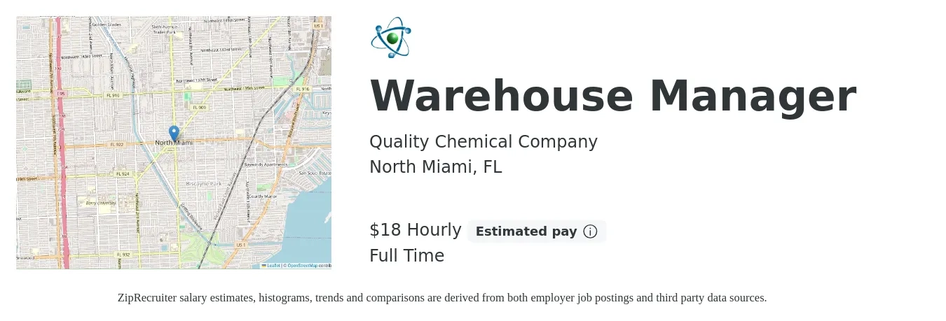 Quality Chemical Company job posting for a Warehouse Manager in North Miami, FL with a salary of $19 Hourly and benefits including pto with a map of North Miami location.