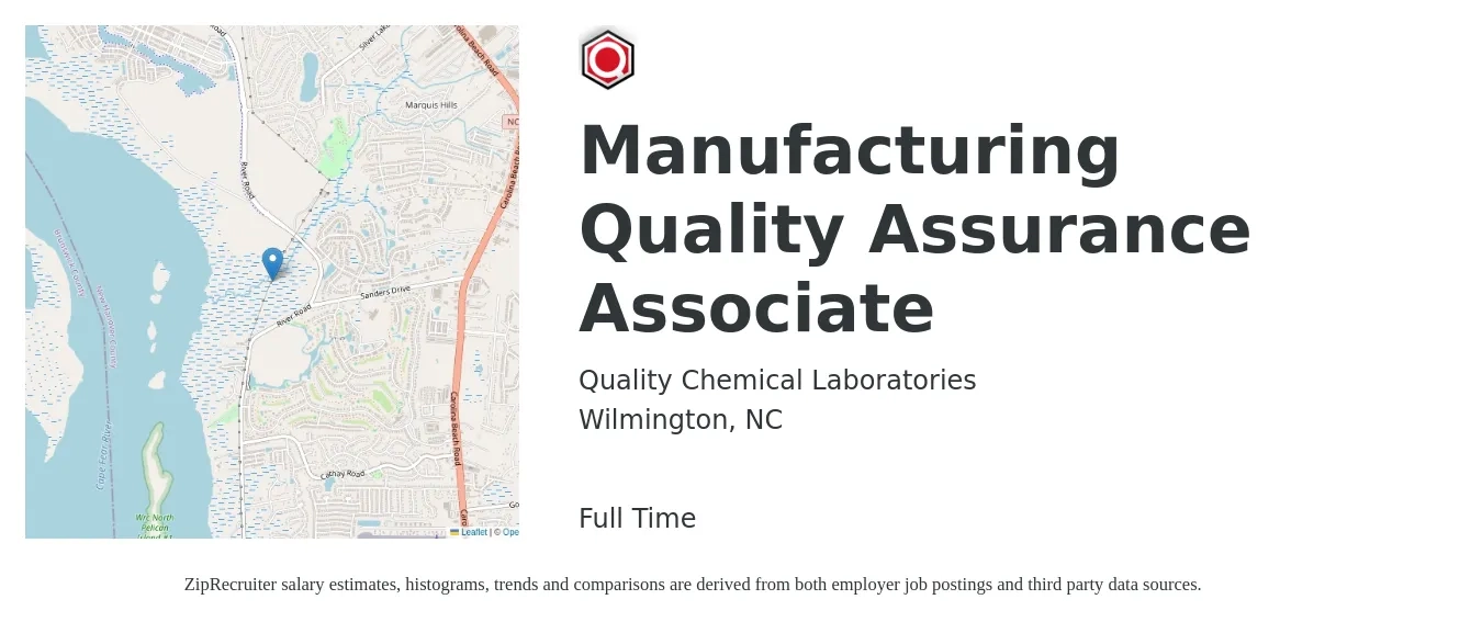 Quality Chemical Laboratories job posting for a Manufacturing Quality Assurance Associate in Wilmington, NC with a salary of $18 to $32 Hourly with a map of Wilmington location.