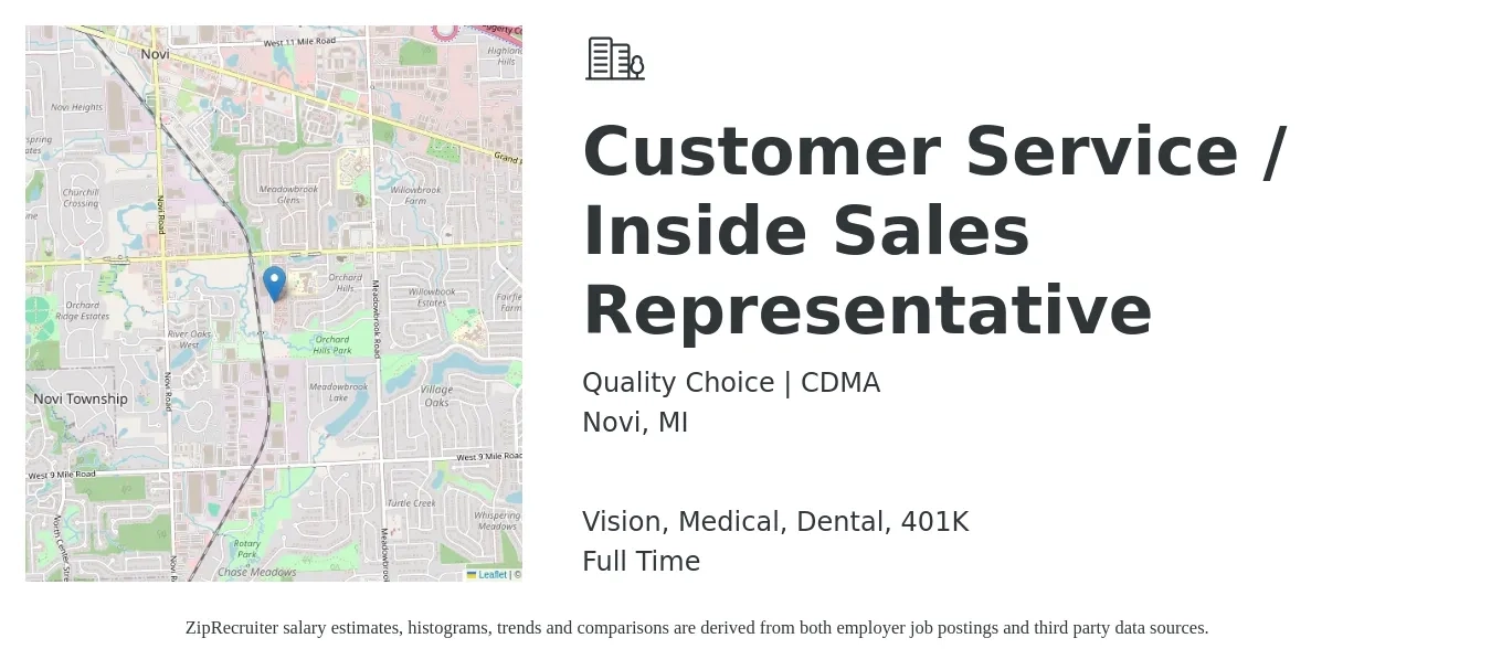 Quality Choice | CDMA job posting for a Customer Service / Inside Sales Representative in Novi, MI with a salary of $17 to $26 Hourly and benefits including 401k, dental, life_insurance, medical, and vision with a map of Novi location.