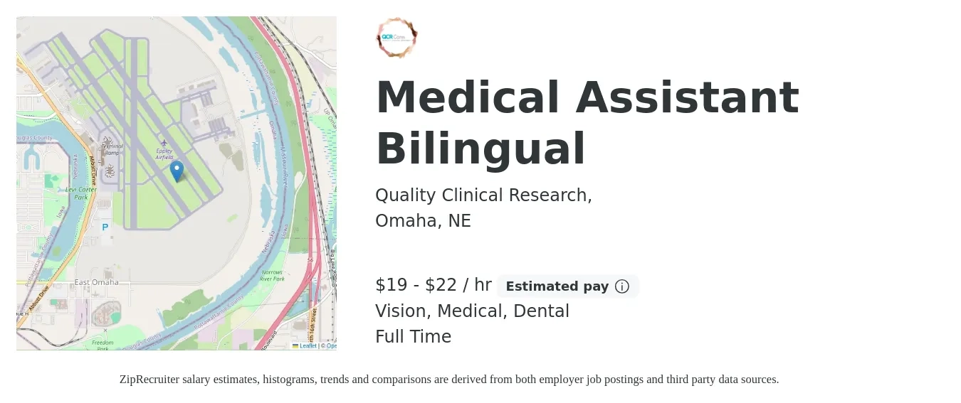 Quality Clinical Research, job posting for a Medical Assistant Bilingual in Omaha, NE with a salary of $20 to $23 Hourly and benefits including retirement, vision, dental, life_insurance, medical, and pto with a map of Omaha location.