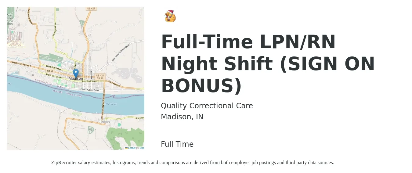 Quality Correctional Care job posting for a Full-Time LPN/RN Night Shift (SIGN ON BONUS) in Madison, IN with a salary of $25 to $34 Hourly with a map of Madison location.