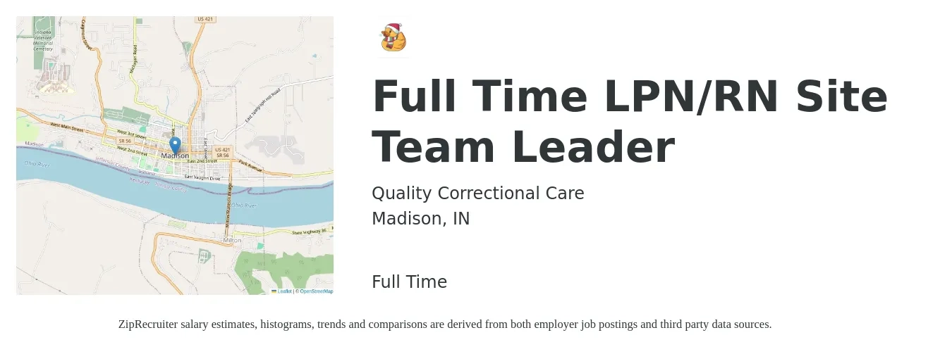 Quality Correctional Care job posting for a Full Time LPN/RN Site Team Leader in Madison, IN with a salary of $28 to $44 Hourly with a map of Madison location.