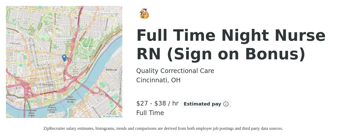 Quality Correctional Care job posting for a Full Time Night Nurse RN (Sign on Bonus) in Cincinnati, OH with a salary of $29 to $40 Hourly with a map of Cincinnati location.