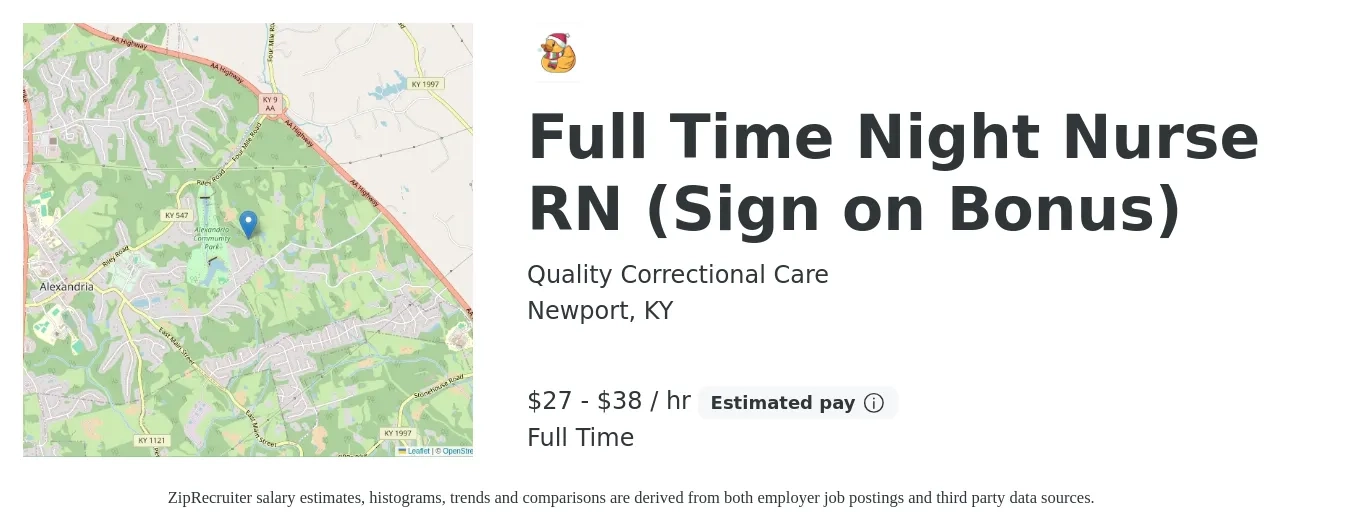 Quality Correctional Care job posting for a Full Time Night Nurse RN (Sign on Bonus) in Newport, KY with a salary of $29 to $40 Hourly with a map of Newport location.
