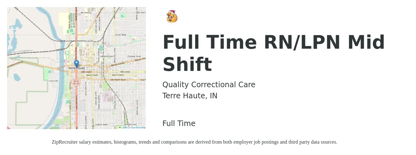 Quality Correctional Care job posting for a Full Time RN/LPN Mid Shift in Terre Haute, IN with a salary of $26 to $35 Hourly with a map of Terre Haute location.