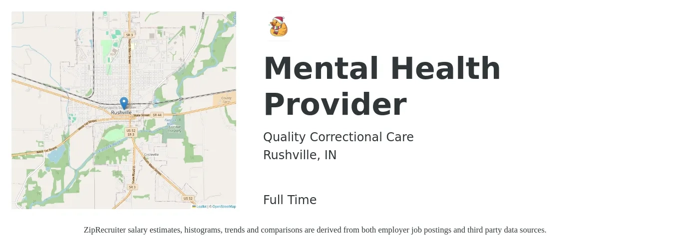 Quality Correctional Care job posting for a Mental Health Provider in Rushville, IN with a salary of $55,000 Yearly with a map of Rushville location.