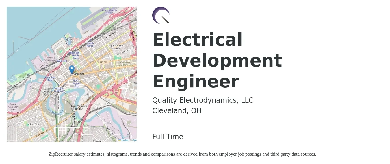 Quality Electrodynamics, LLC job posting for a Electrical Development Engineer in Cleveland, OH with a salary of $80,500 to $128,100 Yearly with a map of Cleveland location.