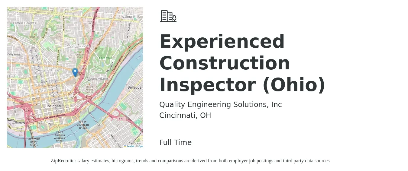 Quality Engineering Solutions, Inc job posting for a Experienced Construction Inspector (Ohio) in Cincinnati, OH with a salary of $47,500 to $74,800 Yearly with a map of Cincinnati location.