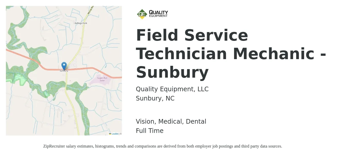Quality Equipment, LLC job posting for a Field Service Technician Mechanic - Sunbury in Sunbury, NC with a salary of $20 to $28 Hourly and benefits including dental, life_insurance, medical, retirement, and vision with a map of Sunbury location.