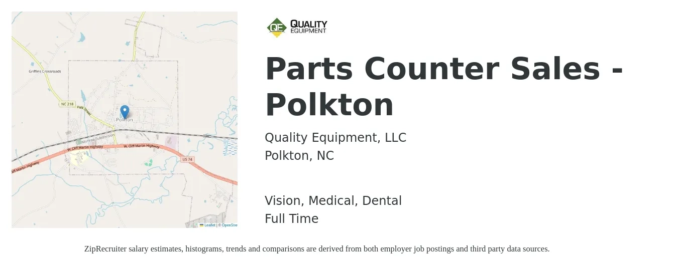 Quality Equipment, LLC job posting for a Parts Counter Sales - Polkton in Polkton, NC with a salary of $17 to $22 Hourly and benefits including vision, dental, life_insurance, medical, and retirement with a map of Polkton location.