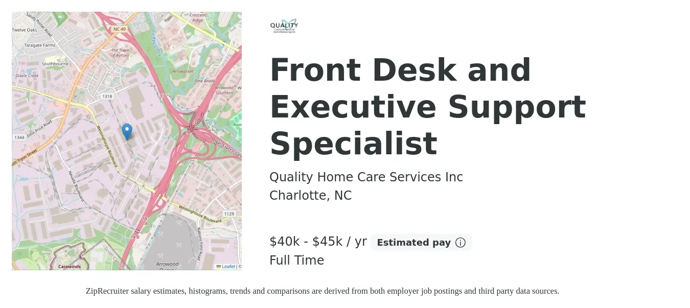 Quality Home Care Services Inc job posting for a Front Desk and Executive Support Specialist in Charlotte, NC with a salary of $40,000 to $45,000 Yearly with a map of Charlotte location.