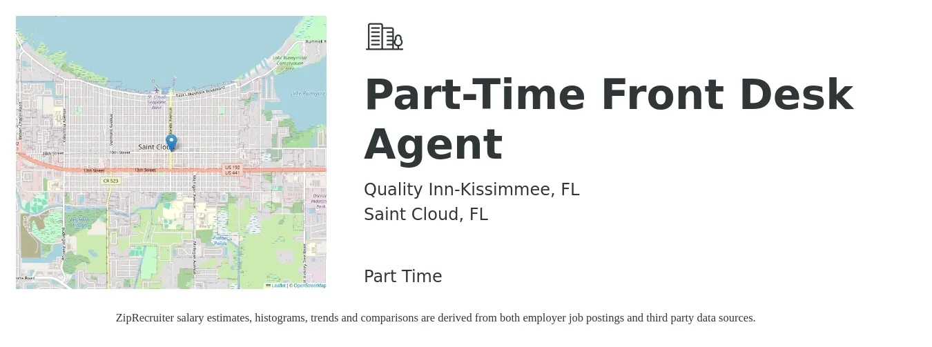 Quality Inn-Kissimmee, FL job posting for a Part-Time Front Desk Agent in Saint Cloud, FL with a salary of $13 to $16 Hourly with a map of Saint Cloud location.