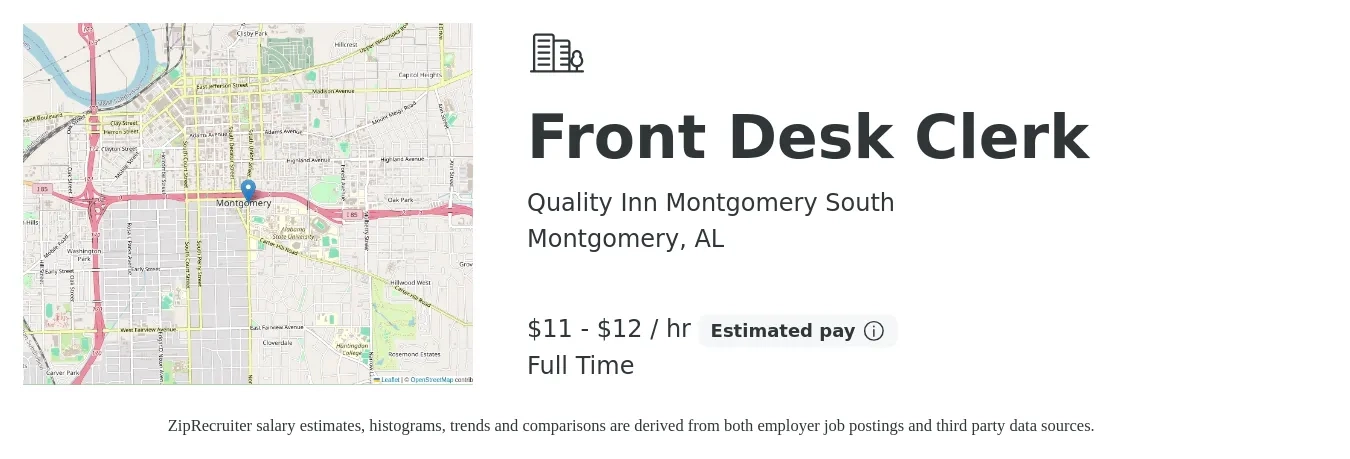 Quality Inn Montgomery South job posting for a Front Desk Clerk in Montgomery, AL with a salary of $12 to $13 Hourly with a map of Montgomery location.